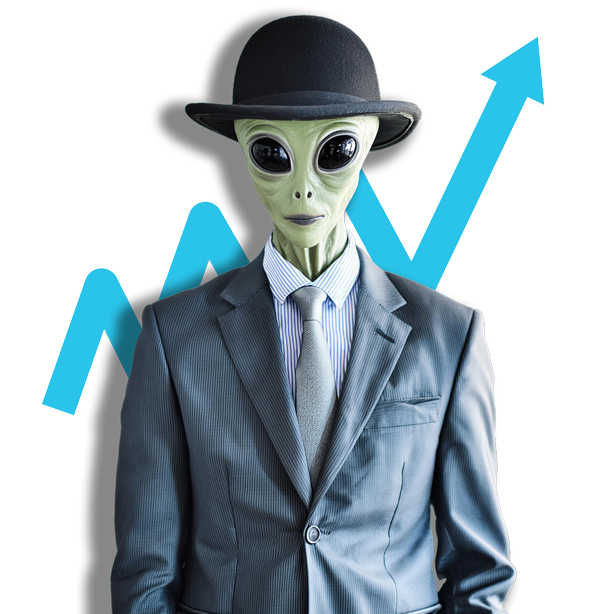 Mascota oficial de El Alienígena Digital, personaje representativo de la agencia de marketing digital, desarrollo web, SEO y soluciones tecnológicas innovadoras